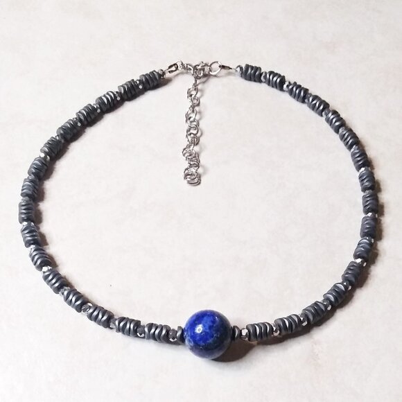 Lapis Lazuli & Hematite! Wear as a Choker or Wrap Bracelet! 15.5" + 3" Extender - Picture 2 of 7